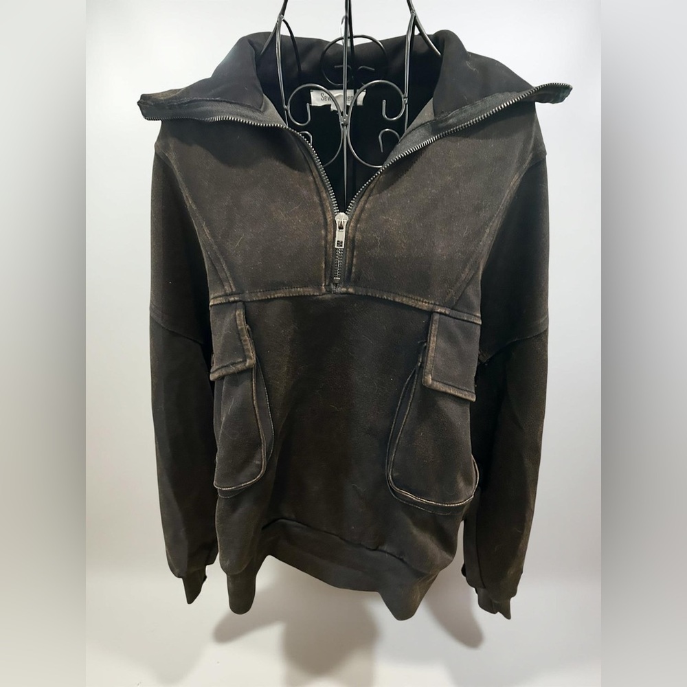 Women's Distressed Black Half-Zip Hoodie NWOT